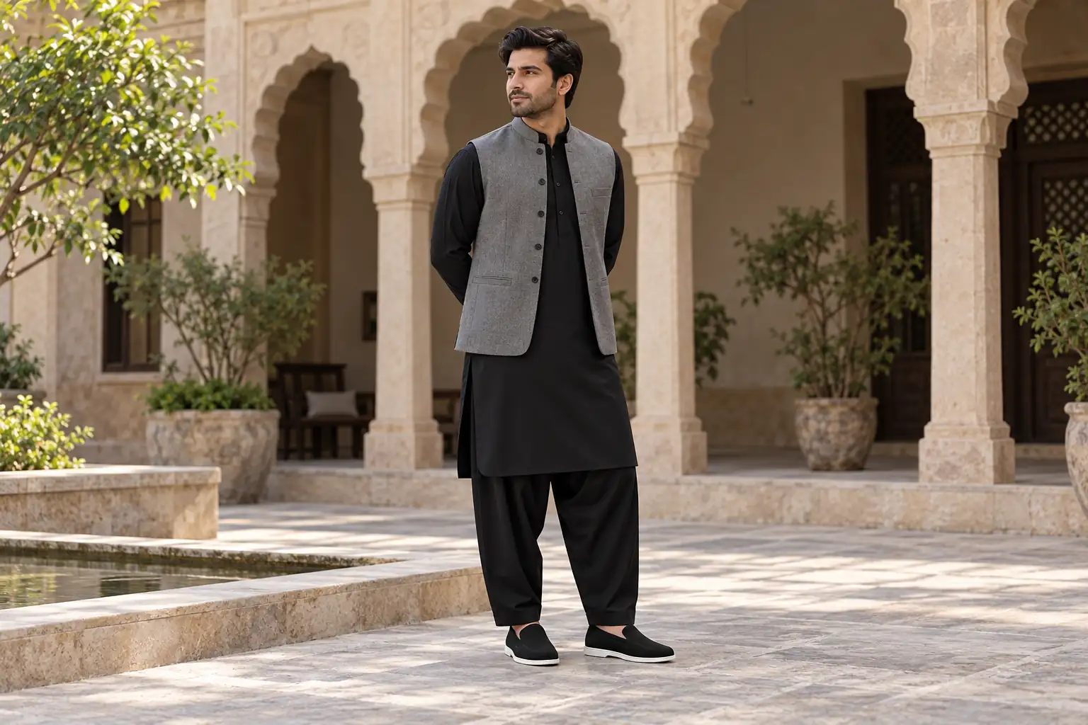 Black suede loafers with black shalwar kameez and a grey waistcoat.