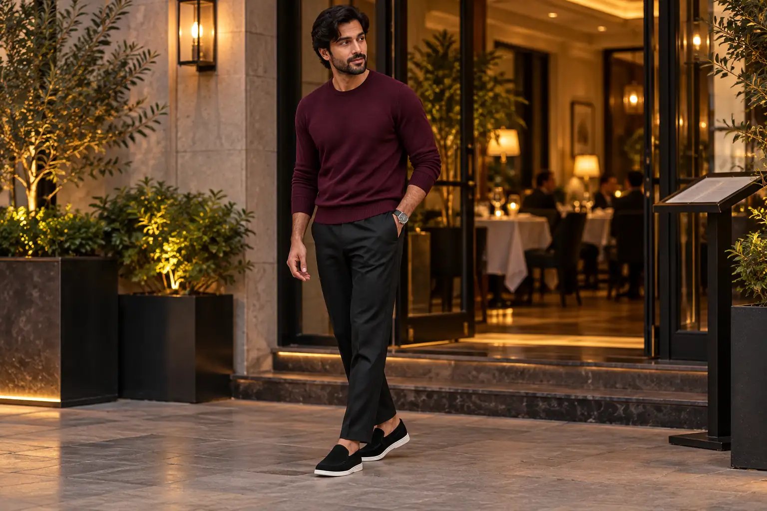 Black suede loafers with black trousers and a burgundy crew-neck knit.