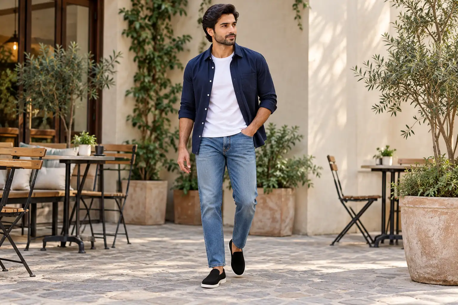 Black suede loafers worn with blue jeans, a white T-shirt and a navy overshirt.