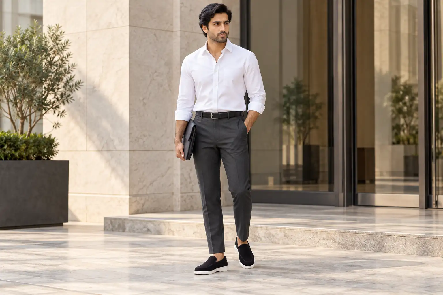 Black suede loafers worn with charcoal trousers and a white Oxford shirt.