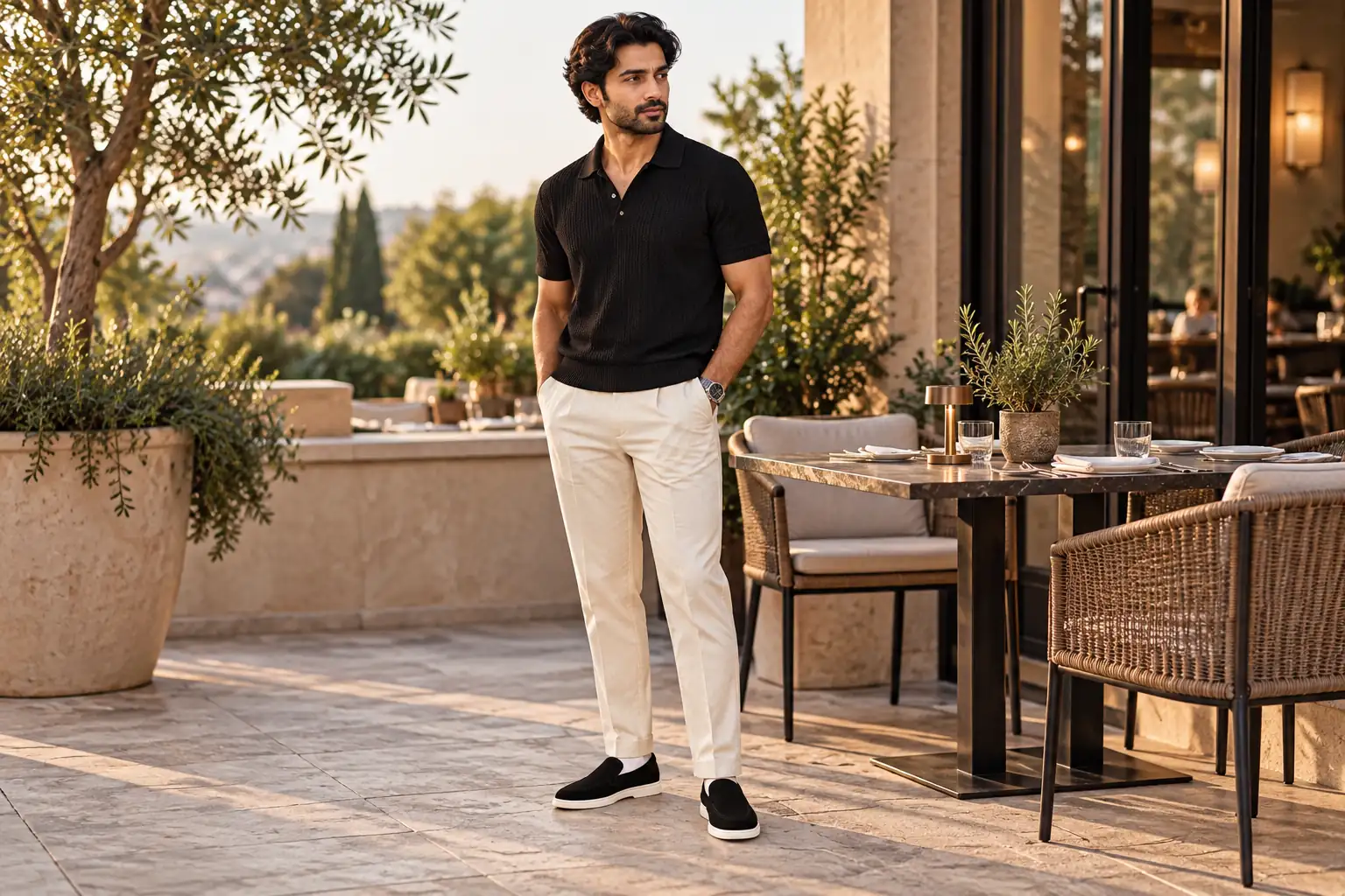 Black suede loafers paired with ecru trousers and a black knit polo for dinner.