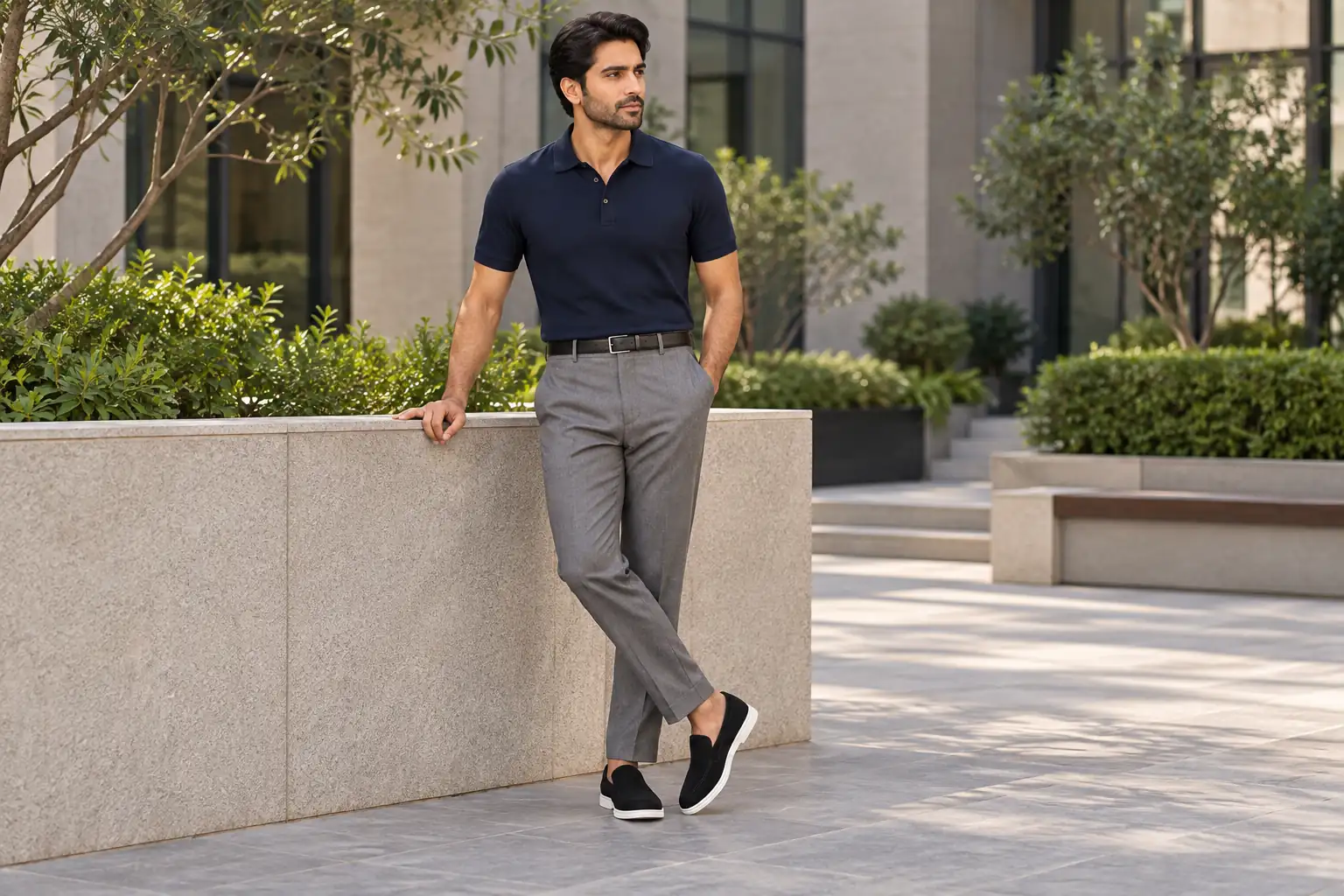 Black Italian Velaro suede loafers styled with mid-grey trousers and a navy knit polo.