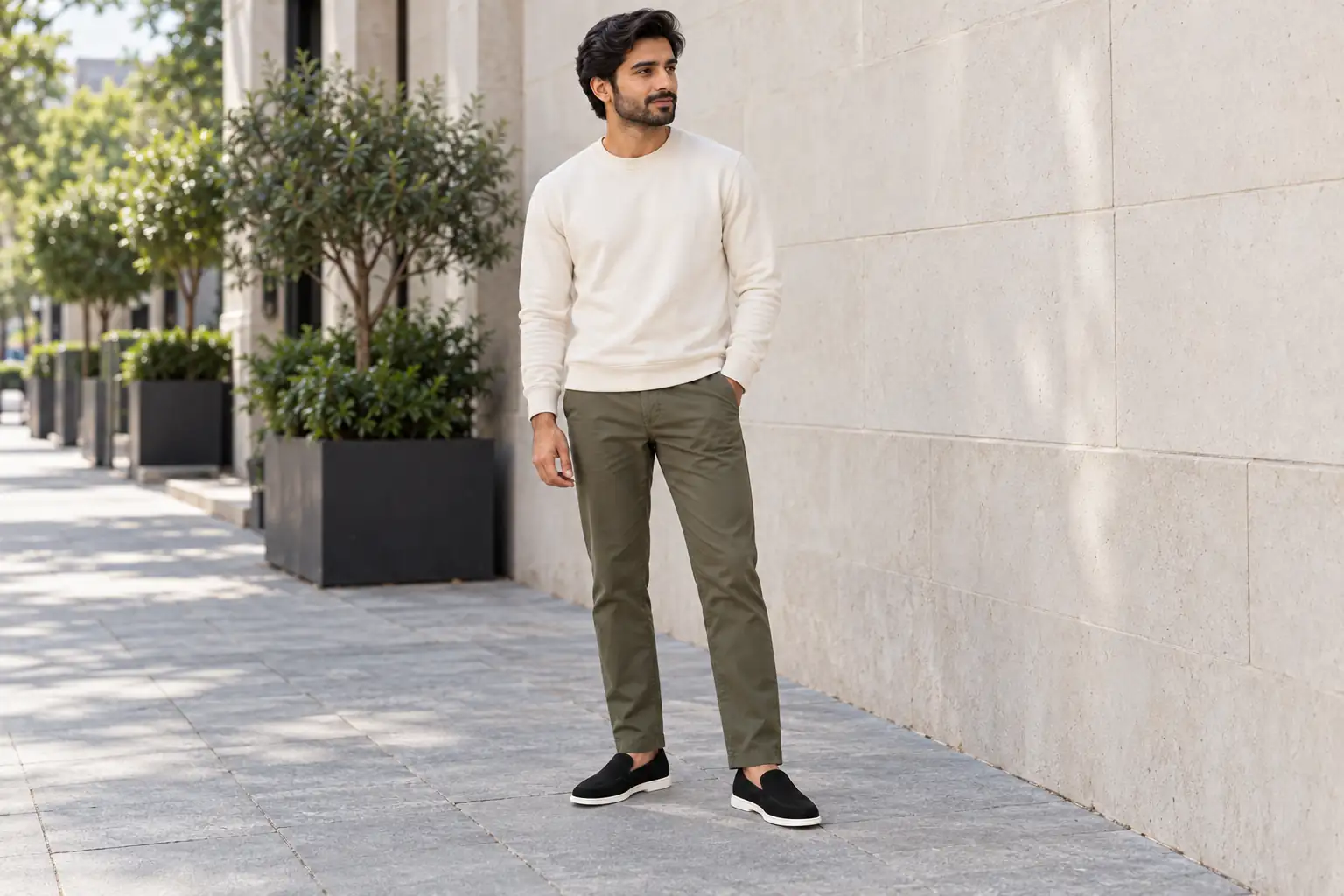 Black suede loafers styled with olive chinos and an ecru sweatshirt.