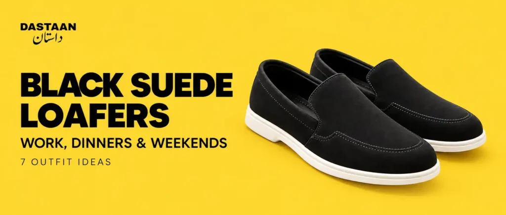 Black Italian Velaro suede loafers on a yellow Dastaan cover for work, dinner and weekend outfit ideas.