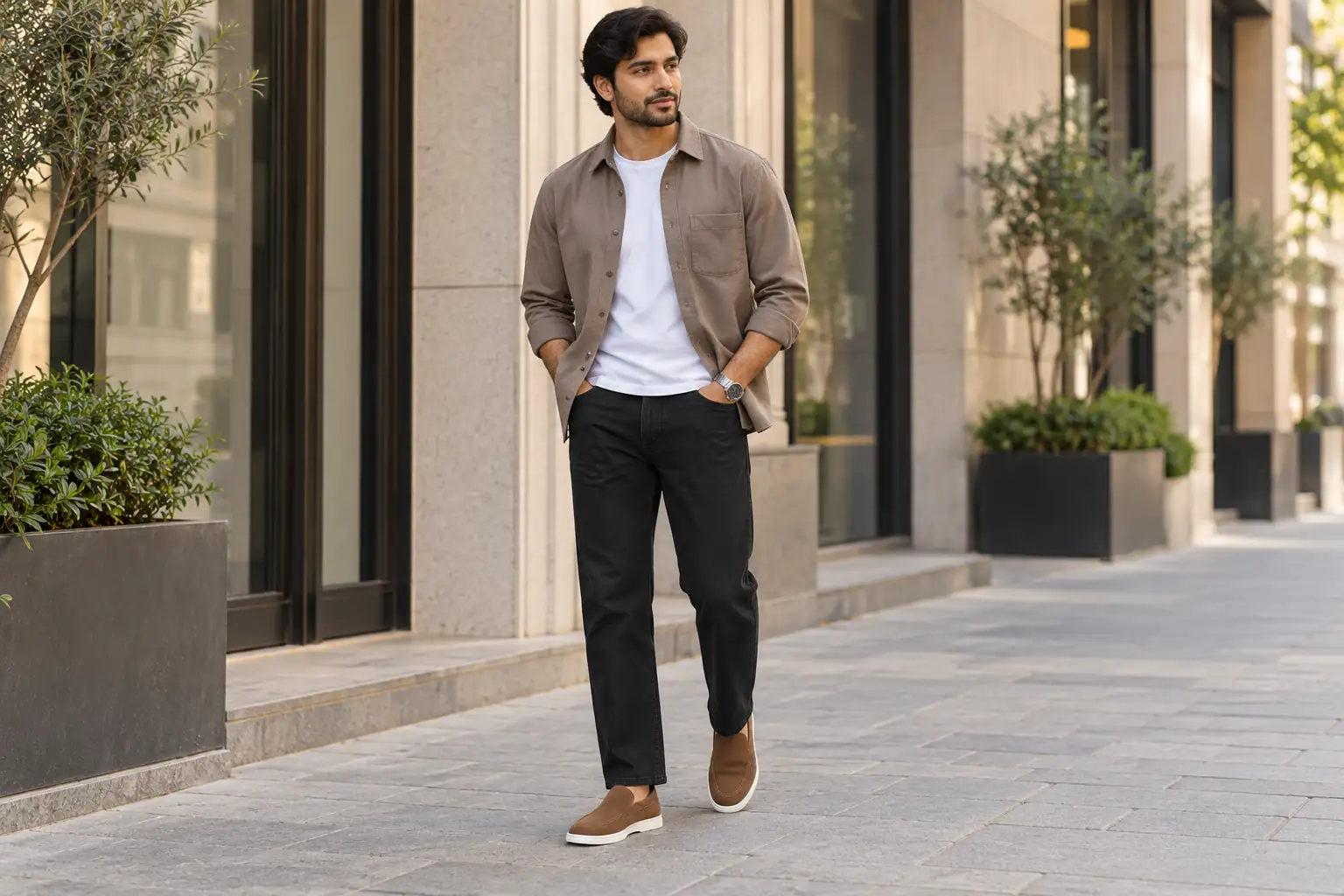 Brown suede loafers worn with black jeans, a white T-shirt and a taupe overshirt.
