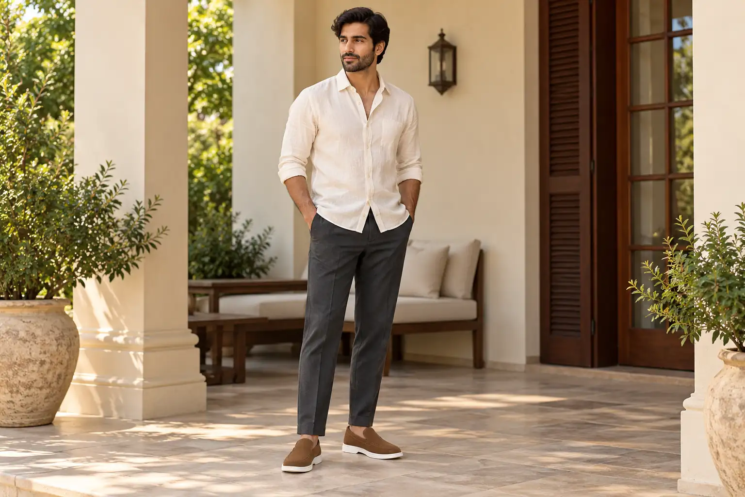 Brown suede loafers with charcoal trousers and a cream linen shirt.