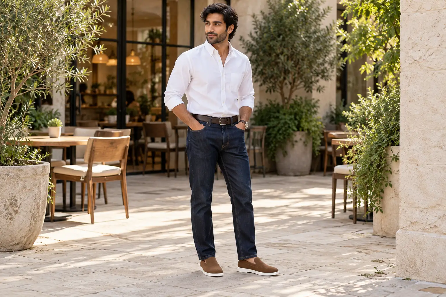 Brown suede loafers styled with dark blue jeans and a white Oxford shirt.