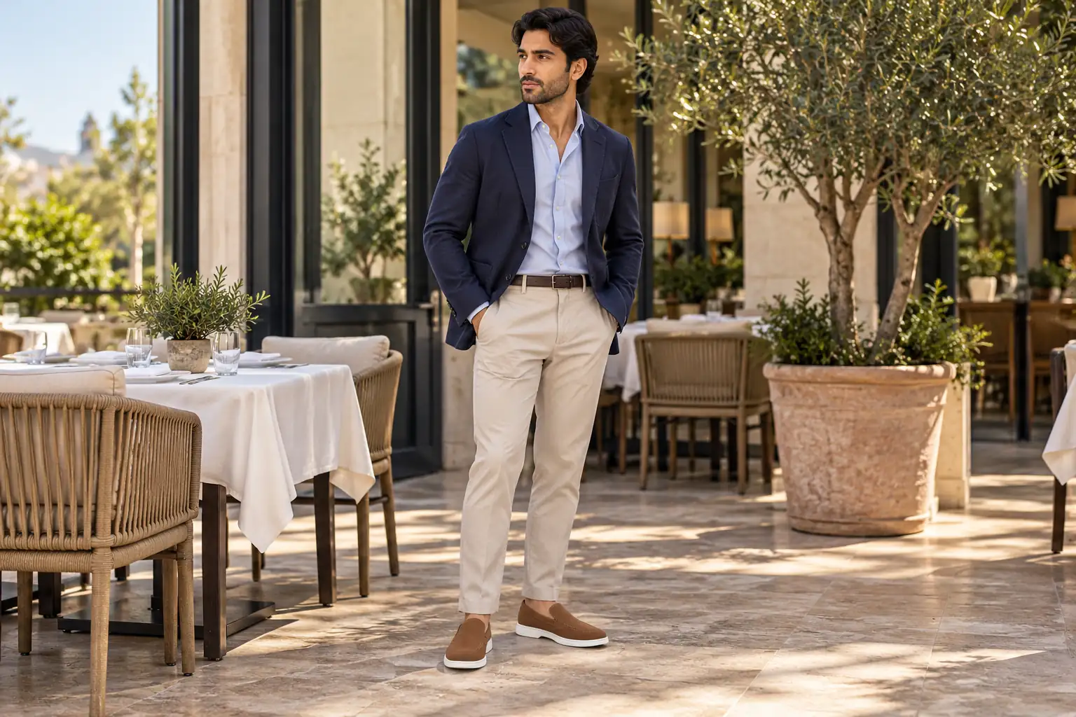 Brown suede loafers paired with a navy blazer, pale blue shirt and stone chinos.