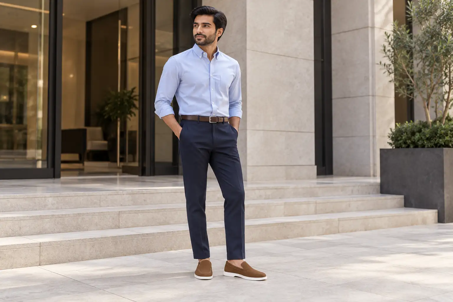Brown suede loafers paired with navy tailored trousers and a light blue shirt.
