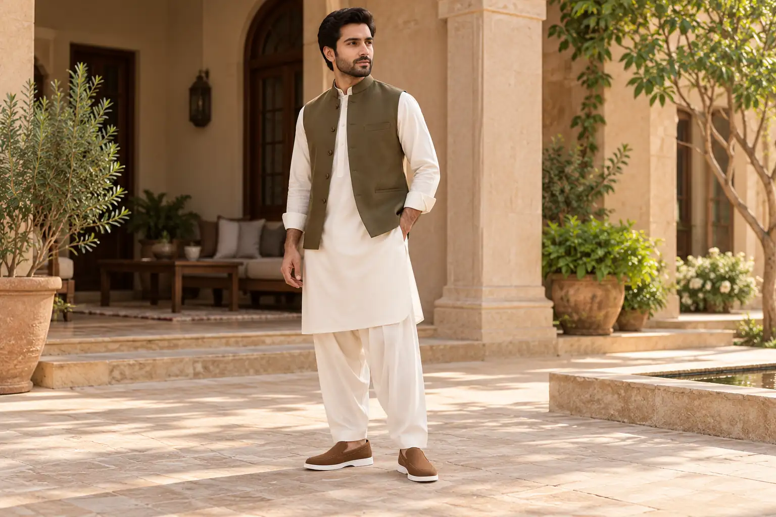 Brown suede loafers styled with off-white shalwar kameez and an olive waistcoat.