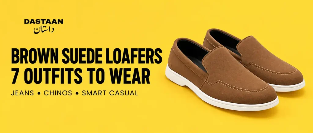 Brown Italian Velaro suede loafers on a yellow Dastaan cover for seven outfit ideas.