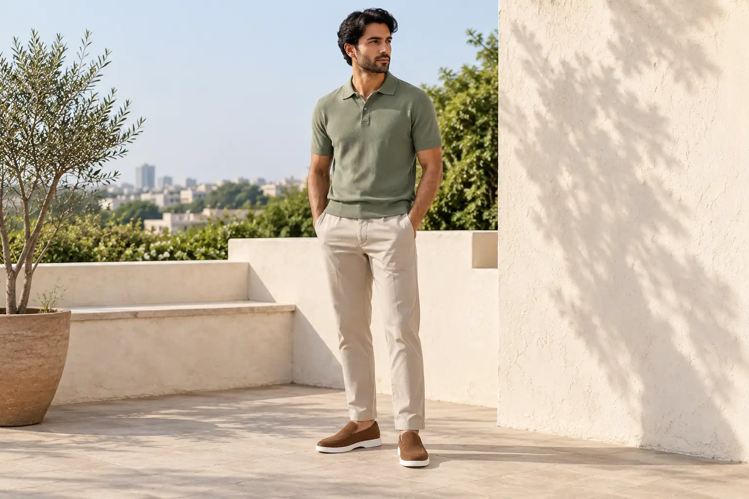 Brown Italian Velaro suede loafers worn with stone chinos and a sage green polo.