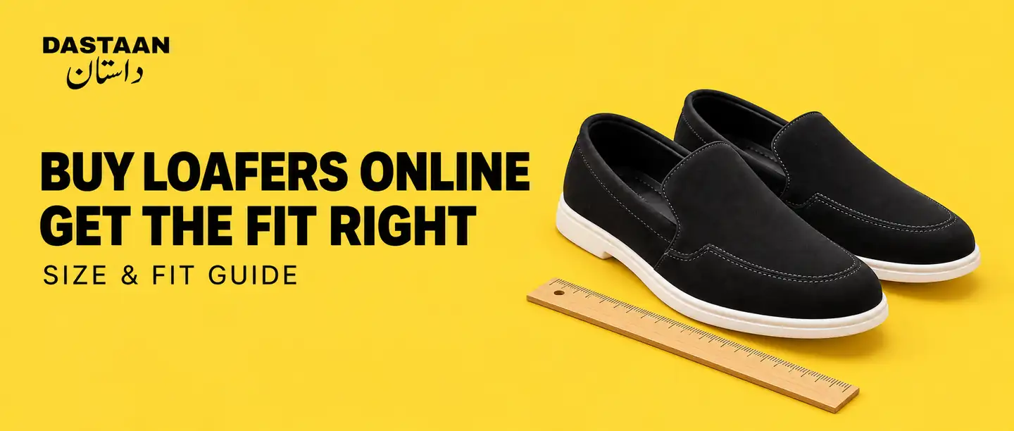 Black suede loafers and a ruler on a yellow Dastaan size and fit guide cover.