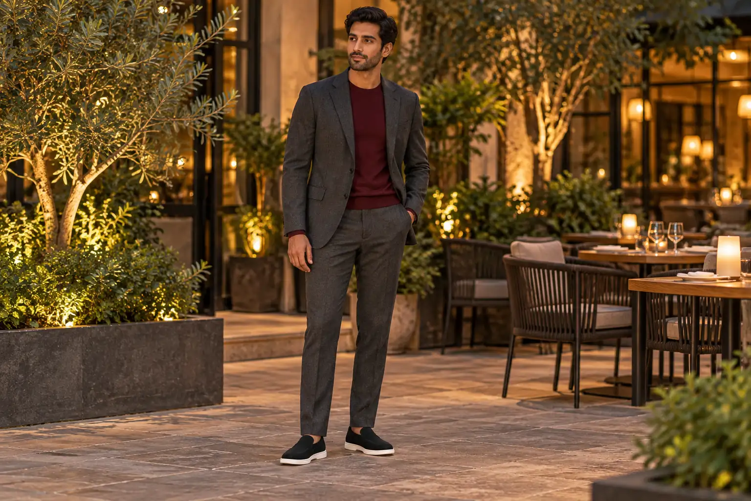 Charcoal suit and burgundy knit styled with black suede loafers.