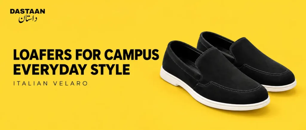 Black Italian Velaro suede loafers with white soles on a yellow Dastaan campus style cover.