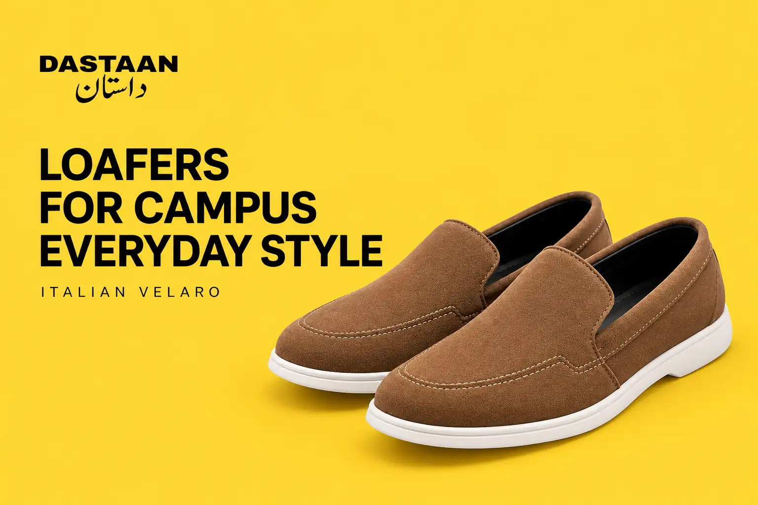 Brown Italian Velaro suede loafers with white soles on a yellow Dastaan cover for a university style guide.