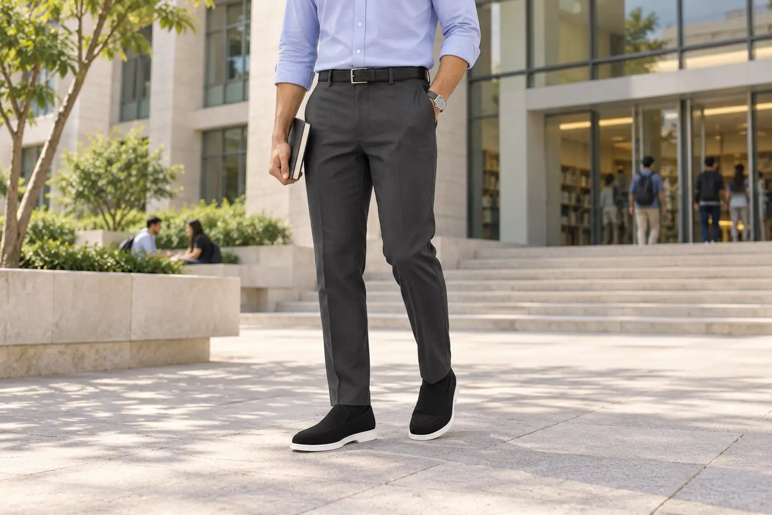 Black Italian Velaro suede loafers styled with charcoal trousers and a light blue shirt.