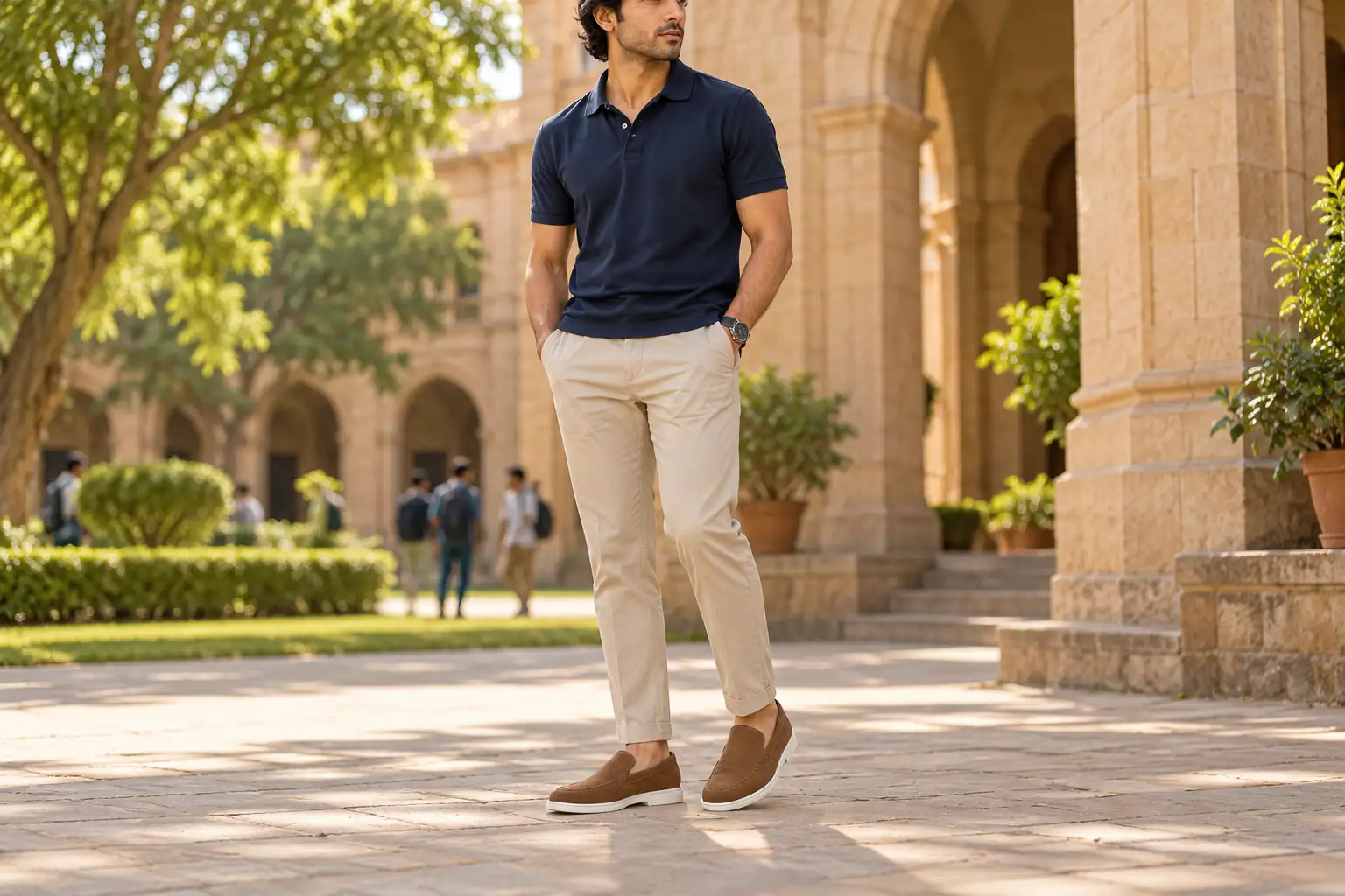 Brown Italian Velaro suede loafers with white soles worn with stone chinos and a navy polo.