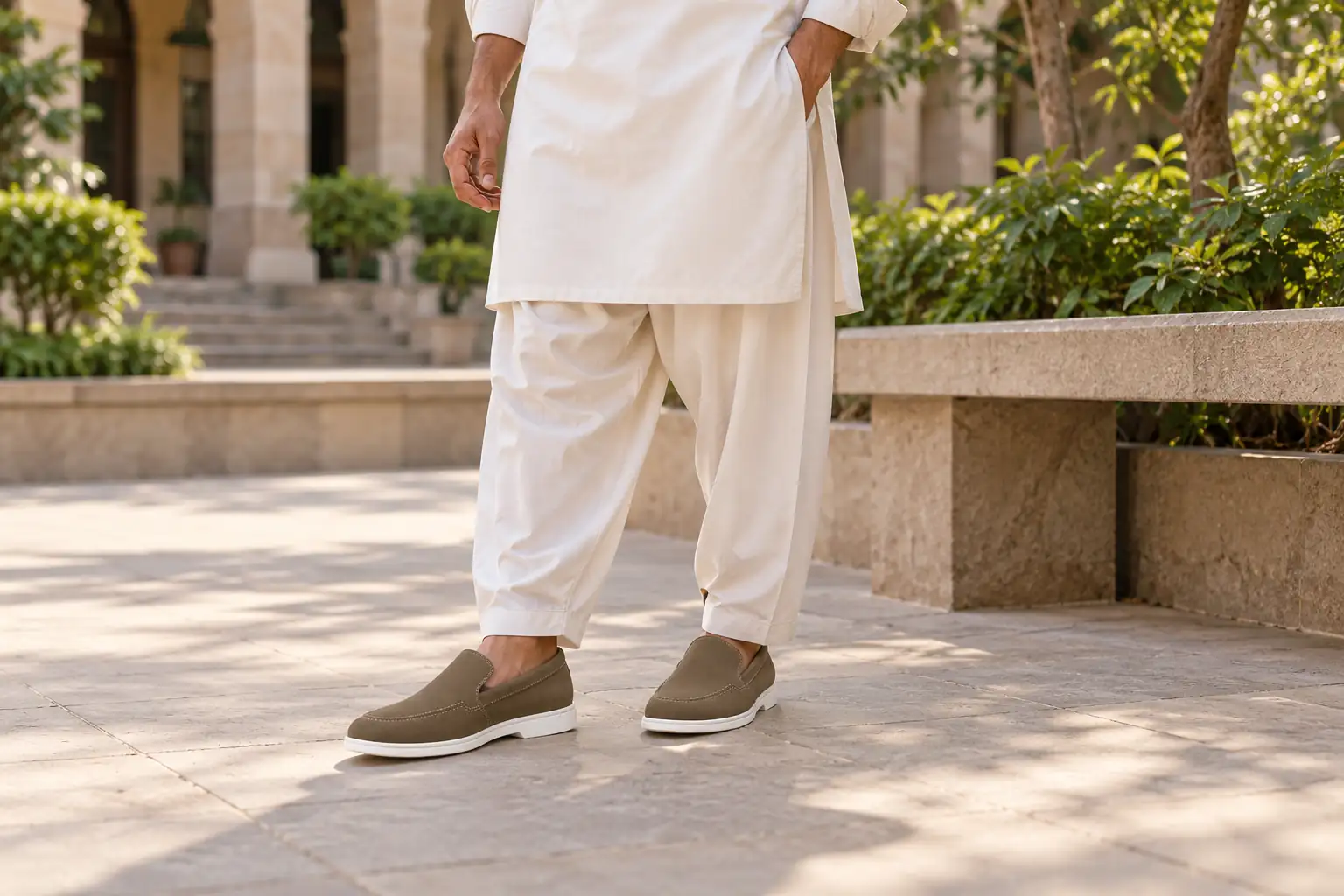 Olive Italian Velaro suede loafers with white soles worn with off-white shalwar kameez.