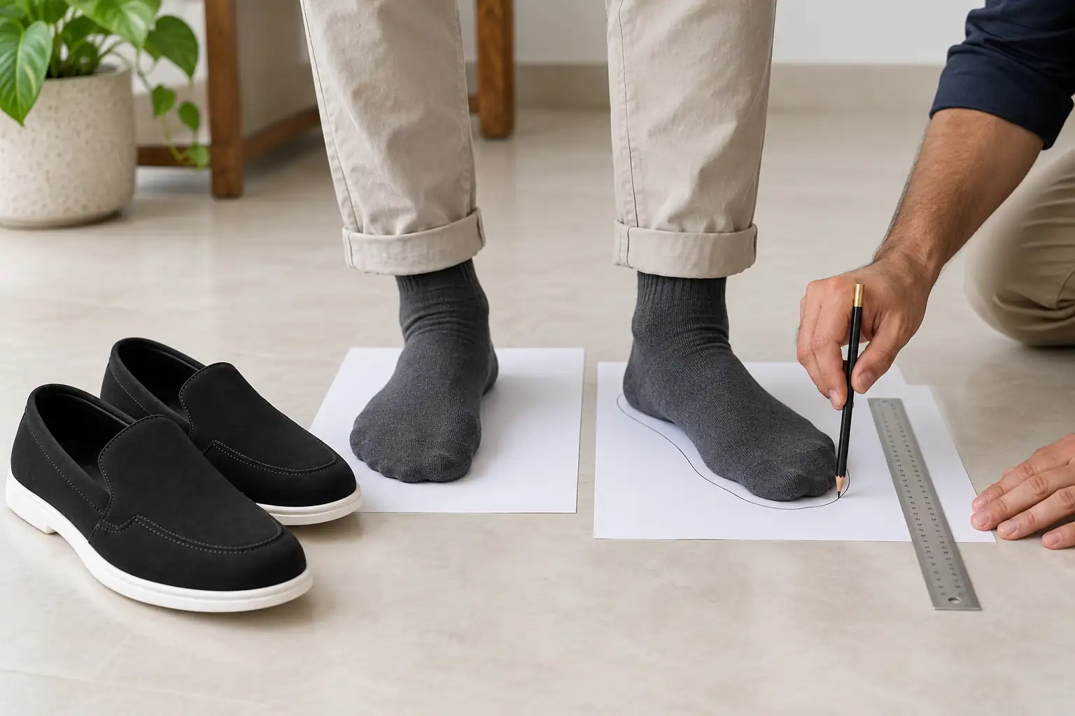 Feet in thin socks being measured on paper before choosing a loafer size.