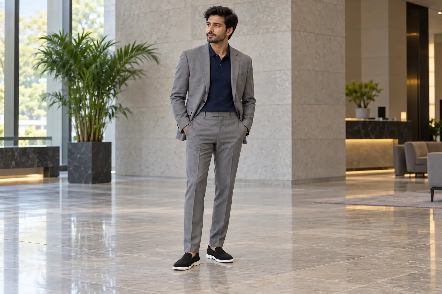 Mid-grey suit and navy knit polo worn with black suede loafers and white soles.
