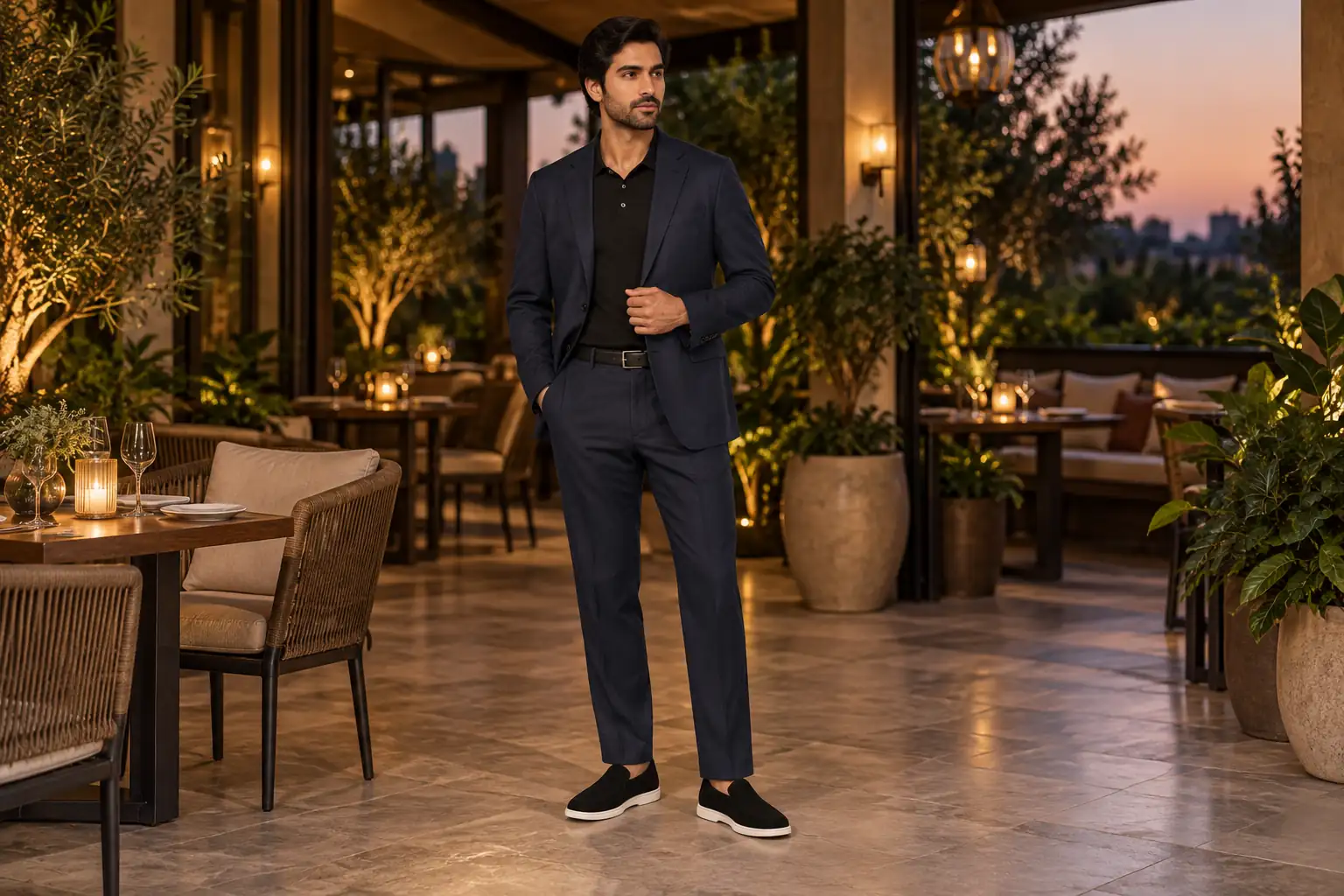 Navy unstructured suit and black knit polo paired with black suede loafers.