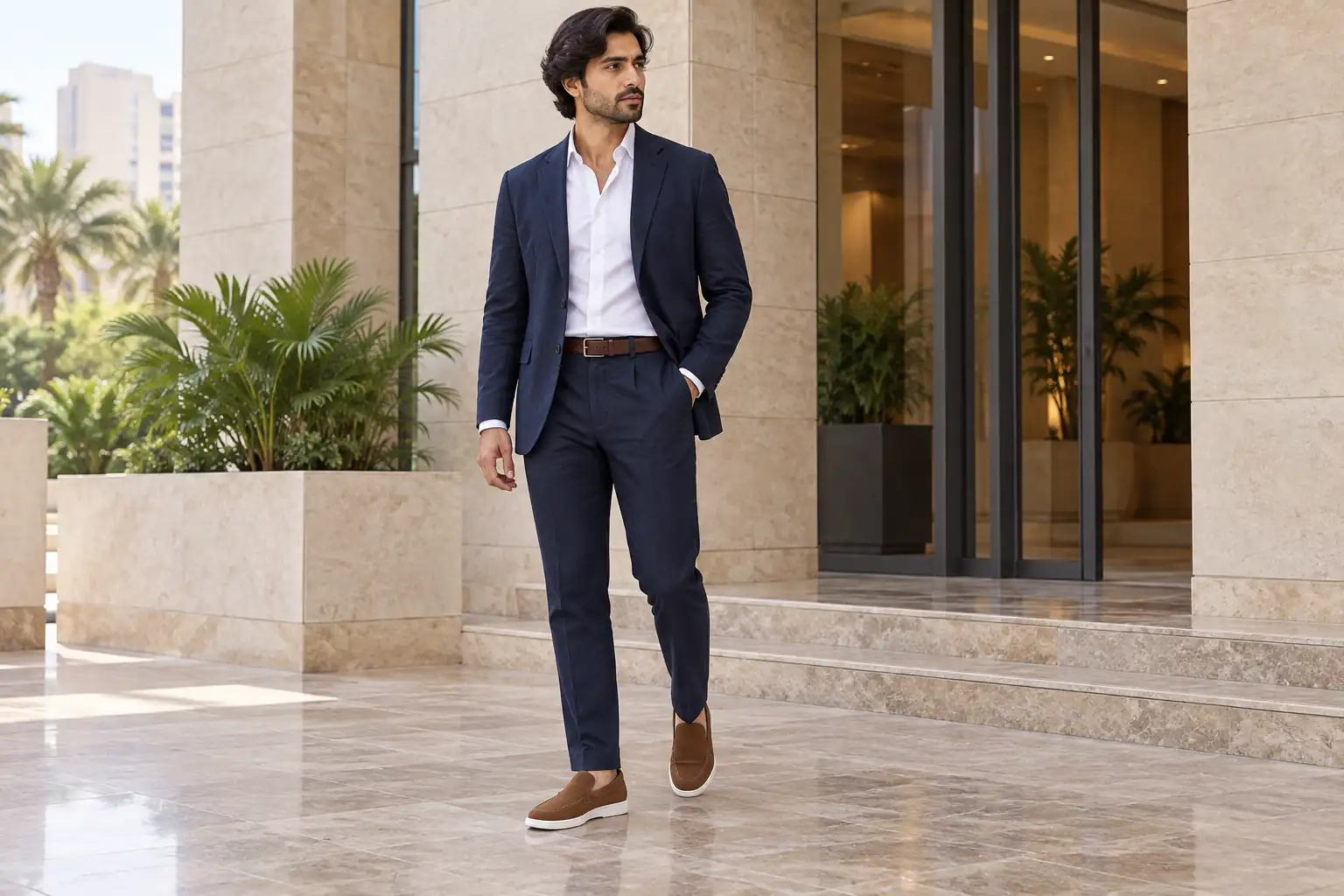 Navy cotton suit and white shirt worn with brown suede loafers and white soles.
