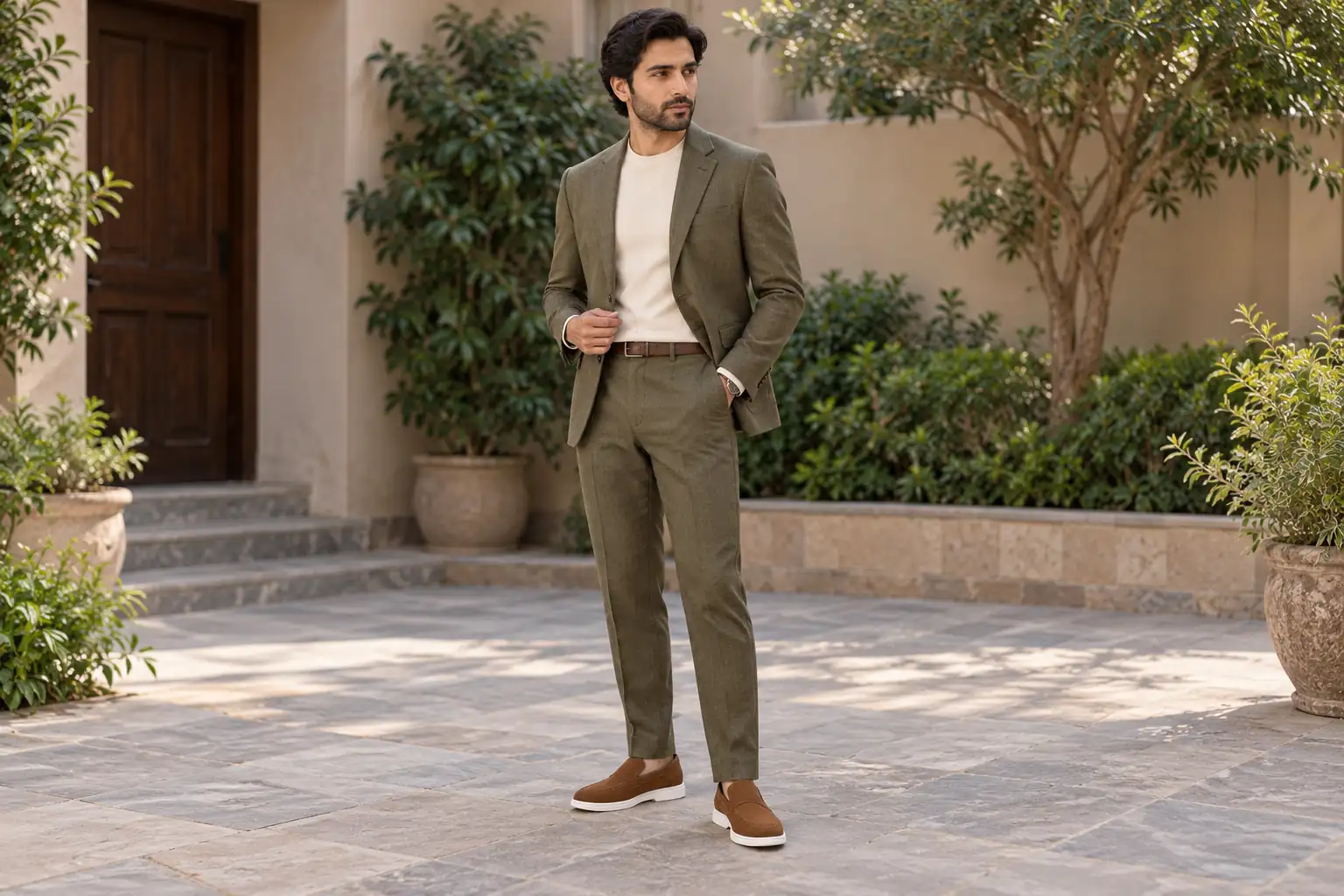 Olive textured suit and ecru knit styled with brown suede loafers.