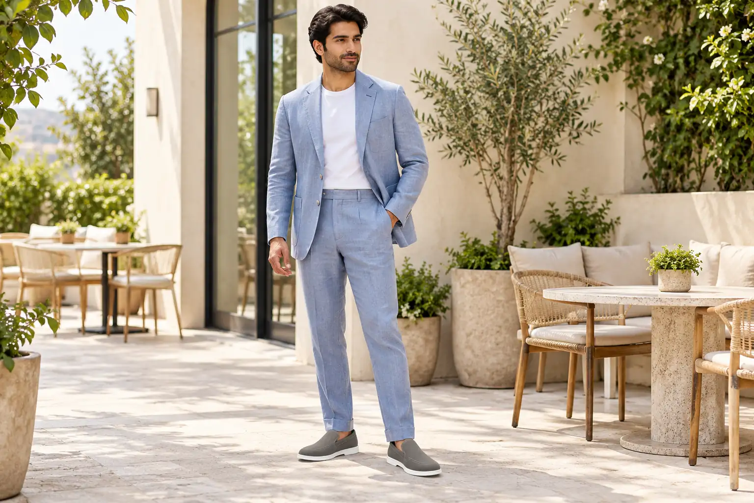 Pale blue relaxed suit and white T-shirt worn with grey suede loafers.
