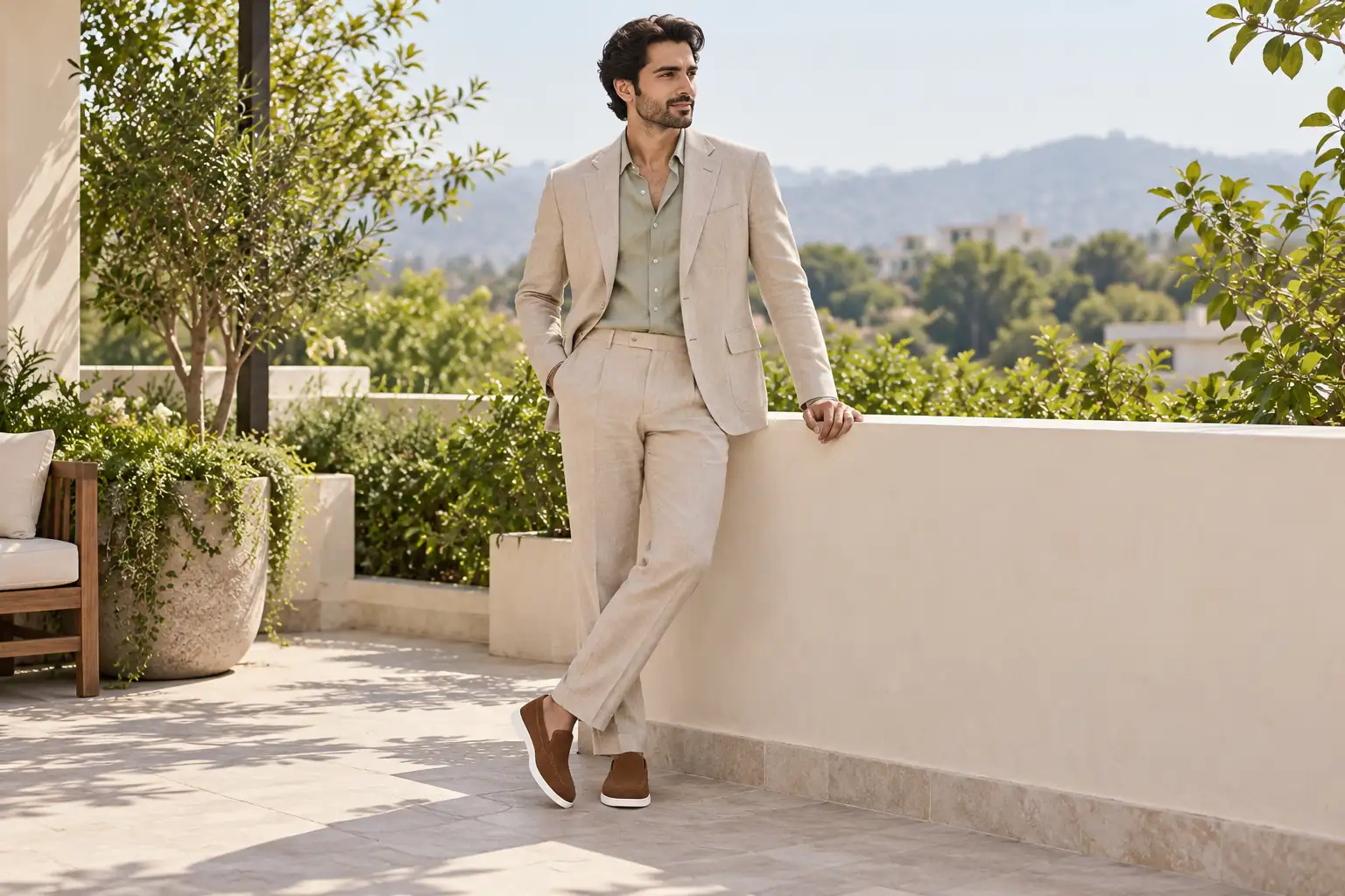 Stone linen suit and pale sage shirt paired with brown suede loafers.