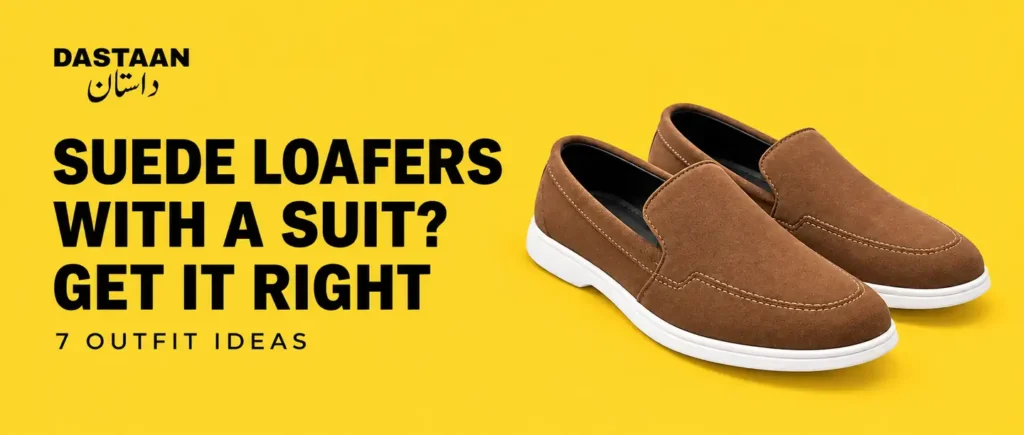 Brown Italian Velaro suede loafers on a yellow Dastaan cover for a suit styling guide.