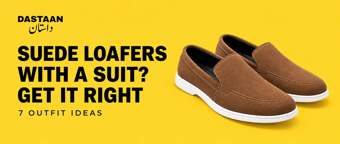 Brown Italian Velaro suede loafers on a yellow Dastaan cover for a suit styling guide.