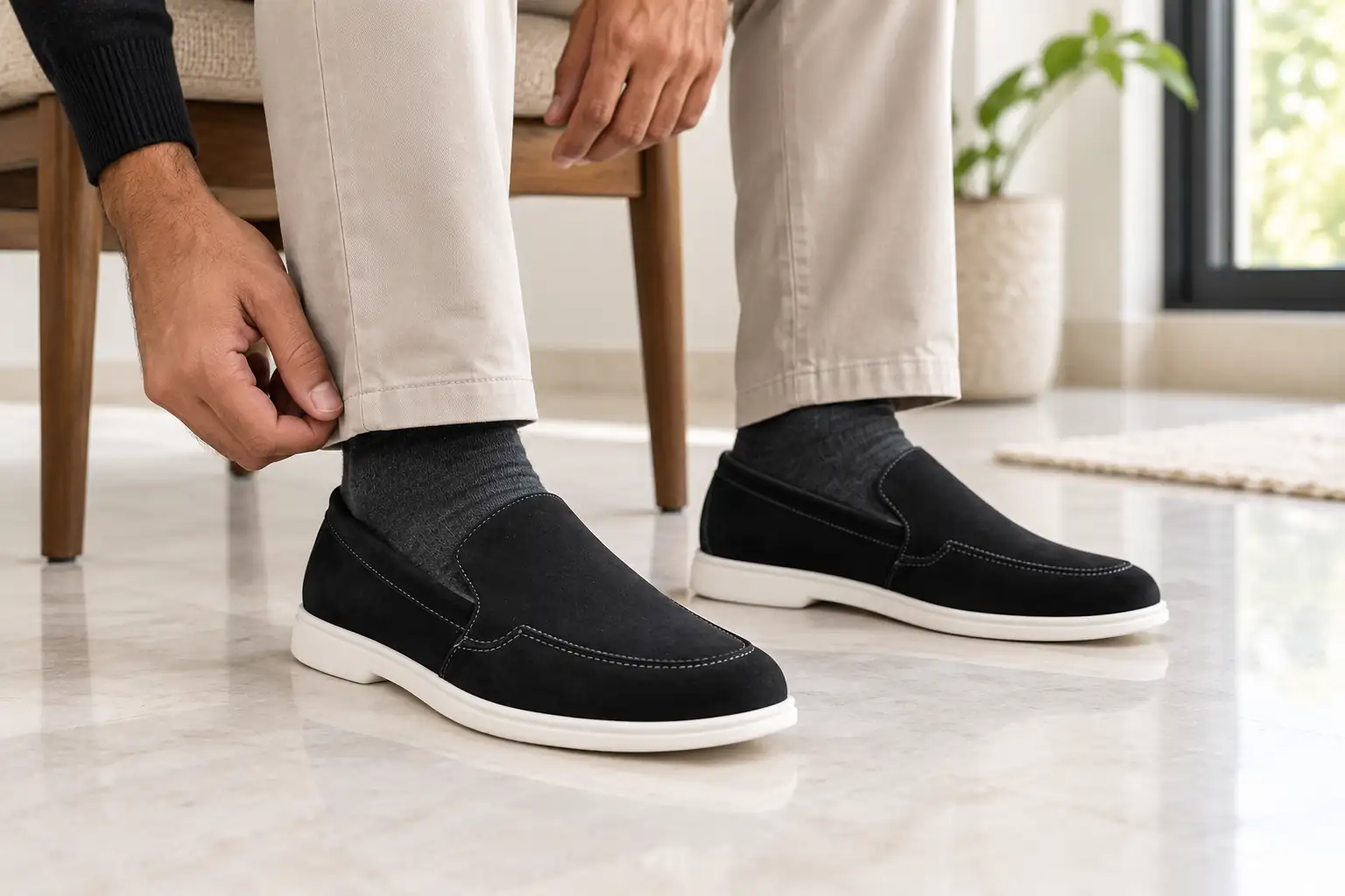 Black Italian Velaro suede loafers worn indoors with charcoal socks and stone trousers.